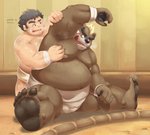 anthro barazoku belly blush bodily_fluids brown_body brown_fur detailed_background duo fur hair inside male male/male moobs musk overweight overweight_male sitting sumo sweat text aotoaka lifewonders tokyo_afterschool_summoners ashigara_(tas) chubby_protagonist_(tas) protagonist_(tas) bear human mammal 2021 absurd_res digital_media_(artwork) english_text hi_res