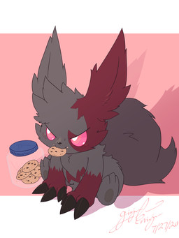 ambiguous_gender angry chibi claws container cookie cookie_jar dark_body dark_fur feral food fur jar markings red_eyes red_markings sitting solo gingy_k_fox nintendo pokemon fan_character generation_3_pokemon pokemon_(species) zangoose 3:4