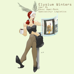 beverage bottomwear clothing coffee computer electronics eyewear female footwear glasses high_heels legwear loose_footwear shoe_dangle shoes simple_background skirt solo stockings white_background severus elysium_winters animal_humanoid arthropod human humanoid hybrid insect lepidopteran mammal moth 1:1 hi_res