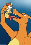 duo food forced imminent_vore simple_background size_difference snack tongue harikuran nintendo pokemon firefox_(braixfire) braixen charizard generation_1_pokemon generation_6_pokemon pokemon_(species) absurd_res hi_res