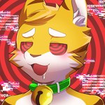 anthro bell bell_collar blonde_hair blush blush_lines bodily_fluids collar cross-eyed drooling ear_tuft eyebrows fur green_collar hair half-closed_eyes hypnosis male male_anthro mind_control narrowed_eyes open_mouth open_smile ringed_background ringed_eyes saliva smile solo striped_body stripes text tuft white_eyebrows yellow_body yellow_fur potato_12_13 felid mammal pantherine tiger 1:1 absurd_res english_text hi_res