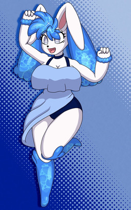 anthro blue_background blue_clothing blue_legs cheering close-up clothing female fur grey_eyes head_tuft long_ears on_one_leg raised_arms simple_background smile solo standing thick_thighs tuft white_body white_fur kaizomei nintendo pokemon lapis_(nickzilla) generation_4_pokemon lagomorph lopunny mammal pokemon_(species) 5:8 hi_res