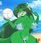 anthro ball beach big_breasts blue_eyes blush breasts clothed clothing cloud female fur green_body green_fur green_hair hair happy ice mostly_nude open_mouth sand sea seaside skimpy sky solo sport tongue volleyball volleyball_(ball) water mastergodai knuckle_up! hawke_(mastergodai) domestic_cat felid feline felis mammal