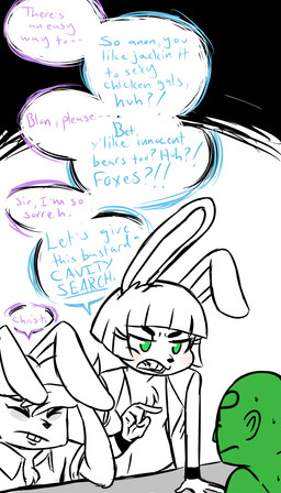 ?_face alternate_species anthro bodily_fluids buckteeth chest_tuft clothed clothing dialogue facepalm furrification gesture green_eyes group hand_gesture male open_clothing open_topwear open_vest pointing speech_bubble sweat sweatdrop teeth text topwear tuft vest wristband inkyfrog five_nights_at_freddy's five_nights_at_freddy's_2 scottgames anon bonnie_(fnaf) toy_bonnie_(fnaf) human lagomorph leporid mammal rabbit 2015 4:7 english_text hi_res partially_colored