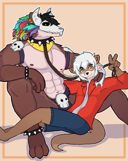 anthro belly bone bone_mask bottomwear bracelet chokehold claws clothing collar duo ear_piercing ear_ring feathers fur gesture hair hand_gesture jewelry loincloth long_hair magic_user male male/male mask muscular muscular_male navel nipples piercing ring_piercing skull skull_mask slim_male smile smiling_at_viewer smirk smirking_at_viewer spiked_bracelet spiked_collar spikes spread_legs spreading tail toony tribal_spellcaster v_sign witch_doctor nottsfw fox_(katsukrambles) katsu_(katsukrambles) hyena mammal mustelid otter spotted_hyena 2024
