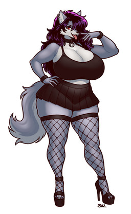 anthro big_breasts biped black_clothing bottomwear breasts clothing ear_piercing female fingers fishnet_clothing fishnet_legwear footwear grey_body hair hand_on_hip high_heels huge_breasts legwear looking_at_viewer miniskirt open_mouth piercing pose purple_hair red_eyes shoes simple_background skirt smile solo standing text thick_thighs tongue tongue_out white_background blazbaros canid canine canis mammal wolf 3:4 artist_name digital_drawing_(artwork) digital_media_(artwork) hi_res signature