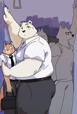 anthro biped black_nose blush bodily_fluids bulge butt clothing duo_focus eyewear fur glasses group humanoid_hands kemono male male/male overweight overweight_male shirt standing sweat topwear white_body white_clothing white_fur white_shirt white_topwear arufina_w bear canid canine domestic_cat felid feline felis mammal polar_bear ursine 2026 absurd_res hi_res