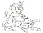 anthro antlers bottomwear clogs clothing coat footwear horn loincloth male mature_anthro mature_male simple_background sitting solo topwear white_background thegreatmatsutzu asian_mythology east_asian_mythology little_witch_academia mythology studio_trigger fafnir fafnir_(little_witch_academia) dragon eastern_dragon mythological_creature mythological_scalie scalie black_and_white monochrome sketch