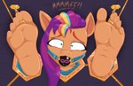 anthro ball_gag bdsm bondage bound caroo earth_pony equid equine feet foot_fetish gag green_eyes hair hasbro hi_res horse humanoid_feet infinity_symbol looking_at_viewer mammal mlp_g5 multicolored_hair my_little_pony orange_body plantigrade pony purple_hair rainbow_hair sunny_starscout_(mlp) symbol