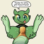 2_horns 3_fingers 3_toes anthro black_eyebrows black_text bottomwear camel_toe claws clothed clothed_anthro clothed_female clothing dress eyebrows feet female female_anthro fingers furgonomic_bottomwear furgonomics gold_bikini_bottom green_body green_clothing green_dress green_horn green_scales happy horn leg_grab looking_at_viewer lying on_back pink_tongue pupils scales simple_background snout solo speech_bubble spread_legs spreading tail talking_to_viewer tan_background teal_eyes text thick_tail thigh_grab toe_claws toes tongue tongue_out ventral_scales yellow_sclera itsunknownanon kobold scalie 1:1 english_text hi_res
