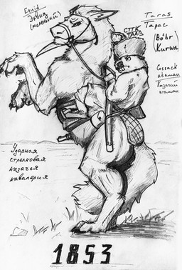ambiguous_feral ambiguous_gender angry anthro biped cavalry claws clothed clothing cossack digitigrade duo feral fully_clothed gun hat headgear headwear historical horseback_riding leash male male_anthro melee_weapon military military_uniform on_hind_legs outside quadruped ranged_weapon riding rifle saber saddle scabbard simple_background sword text uniform weapon wearing_boots wearing_hat white_background anxiousboar beaver equid equine mammal rodent absurd_res black_and_white cyrillic_text english_description english_text hi_res monochrome sketch traditional_media_(artwork) ukrainian_text male_(lore)