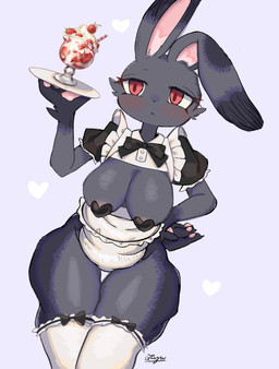 anthro big_breasts blush breasts clothing dessert exposed_breasts female food footwear fur grey_body grey_fur hand_on_hip heart_symbol holding_object looking_at_viewer maid_apron necktie nipple_covers pasties red_eyes simple_background socks solo thick_thighs white_clothing white_footwear white_socks 17hornet77987 lagomorph leporid mammal rabbit hi_res