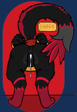 after_sex anthro anus bent_over black_body black_fur bodily_fluids butt cum cum_from_vagina cum_in_vagina cum_inside cum_string female fur genital_fluids genitals grey_body grey_fur hand_behind_back markings nameplate public_use red_body red_fur red_markings simple_background solo through_wall vulva trout_(artist) unknown_species 2020 aliasing alpha_channel digital_media_(artwork) hi_res