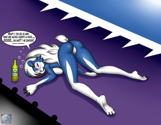 alcohol anthro anthrofied beverage drunk female fur genitals hair on_ground pokemorph solo substance_intoxication text vulva crushtar nintendo pokemon canid canine generation_7_pokemon lycanroc mammal midnight_lycanroc pokemon_(species) shiny_pokemon hi_res spanish_text translated