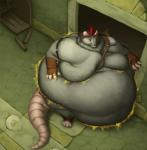 belly big_belly brown_hair claws clothed clothing fur grey_body grey_fur hair hand_on_hip huge_belly hyper hyper_belly inside love_handles magic male moobs morbidly_obese morbidly_obese_male obese obese_male overweight overweight_male red_eyes ring skimpy solo standing tail thick_tail toe_claws torn_clothing wardrobe_malfunction weight_gain worried sugarboy grendel_(character) mammal murid murine rat rodent