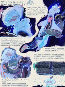 5_fingers beach blush blush_lines bubble diving_suit duo fingers heart_symbol holding_another intersex looking_at_another male notebook oxygen_tank pencil_(object) pink_body pink_eyes raining sea tail text translucent translucent_body translucent_tail underwater water white_body rurupo aquatic aquatic_gastropod clione fish gastropod human humanoid mammal mollusk sea_angel sea_slug slug 2026 absurd_res alternate_version_at_source comic english_text hi_res japanese_text multiple_scenes herm_(lore)