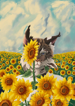 anthro black_body black_ears black_fur blue_eyes brown_body brown_ears brown_fur flower flower_field fur fur_markings markings multicolored_ears outside pink_inner_ear plant solo striped_markings stripes sunflower sunflower_field two_tone_ears white_body white_ears white_fur halfbaked-hope domestic_cat felid feline felis maine_coon mammal 2026 absurd_res hi_res