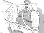 anthro belly big_belly bulge car clothed clothing erection erection_under_clothing hat headgear headwear humanoid_hands inside_car inside_vehicle kemono male overweight overweight_male sitting solo underwear vehicle yamakake bear mammal 2022 4:3 hi_res monochrome