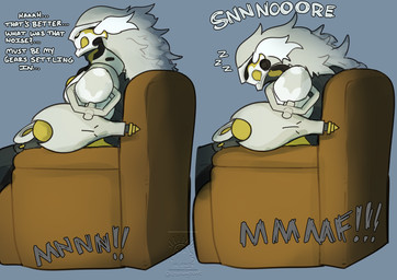 accidental_facesitting anthro chair dialogue facesitting furniture male obscured_character onomatopoeia simple_background sitting sitting_on_another sleeping sofa sound_effects text vowelless vowelless_sound_effect zzz drstrangeluvve mihoyo zenless_zone_zero banyue_(zenless_zone_zero) felid lion mammal pantherine robot_anthro english_text hi_res