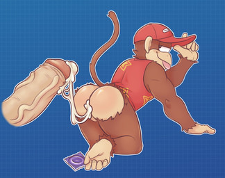 after_sex anthro bodily_fluids clothing condom cum cum_in_ass cum_inside disembodied_penis duo feet genital_fluids genitals humanoid_genitalia humanoid_penis looking_back male male/male penis prehensile_feet raised_tail sexual_barrier_device tail toes palchamon donkey_kong_(series) nintendo diddy_kong nameless_character haplorhine mammal monkey primate 2021 digital_media_(artwork) hi_res