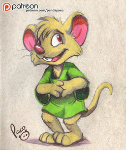 anthro barefoot blonde_hair cheek_tuft clothed clothing facial_tuft feet front_view fur glistening glistening_eyes green_clothing green_topwear hair logo looking_aside looking_up male open_mouth open_smile pink_inner_ear pink_tongue red_eyes short_hair smile solo standing tail tongue topwear tuft yellow_body yellow_fur yellow_tail young young_anthro young_male pandapaco mammal mouse murid murine rodent artist_logo full-length_portrait portrait signature