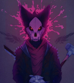 anthro blood bodily_fluids bone clothing glowing glowing_eyes jacket knife leather leather_clothing leather_jacket leather_topwear male skull skull_head solo topwear weapon fiona_livv cadaver_(skulldog) canid canine canis demon mammal skulldog_(species) spirit wolf