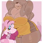 anthro big_breasts big_butt bracelet breasts brown_body brown_fur brown_hair butt clothing covered_eyes dewlap_(anatomy) dress duo ear_piercing ear_ring female female_anthro freckles fur genitals hair hair_over_eyes hands_behind_head huge_breasts huge_hips huge_thighs jewelry larger_female obese obese_anthro obese_female overweight overweight_anthro overweight_female piercing pink_body pink_hair pussy pussy_floss ring_piercing size_difference smile thick_thighs wide_hips niick_galaxy bunna_(niick_galaxy) canid canine canis domestic_dog lagomorph leporid mammal rabbit digital_media_(artwork) hi_res signature