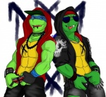 alternative_fashion anthro clothing duo male piercing pose punk smile swag tongue tongue_out hashiree_(artist) teenage_mutant_ninja_turtles leonardo_(tmnt) raphael_(tmnt) reptile scalie turtle