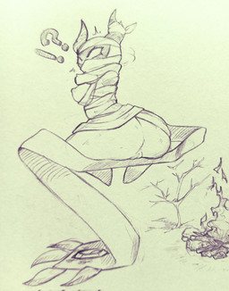 big_butt bottomless bottomless_female breasts butt campfire clothed clothing covered_face duo female genitals interrobang looking_at_viewer looking_back male nipples plant sitting surprised tree vulva wrappings vilf apathy_(squitoo) nihil_(squitoo) animate_inanimate humanoid imp living_clothing 2023 hi_res
