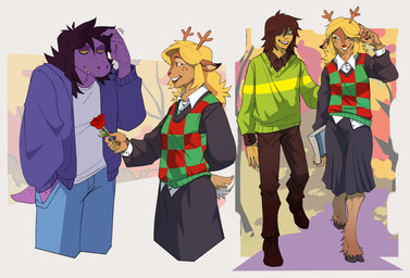 5_fingers anthro antlers autumn black_eyebrows blonde_hair bottomwear brown_bottomwear brown_clothing brown_eyes brown_hair brown_pants brown_shirt brown_topwear cartoon_freckles claws clothing cloven_hooves eyebrows fantasy female female/female finger_claws fingers flower freckled_face freckled_tail freckles green_clothing green_sweater green_topwear group hair hair_over_eye happy hooves horn jacket larger_female male motion_lines nature_background no_irises offering_flower pants plant purple_clothing purple_jacket purple_topwear red_hair red_nose rose_(flower) scratching_head shirt short_tail size_difference smaller_female smile sweater t-shirt tail tan_body teeth topwear trio unguligrade unsigned white_clothing white_shirt white_t-shirt white_topwear yellow_eyes yellow_sclera gala_bobs deltarune undertale_(series) kris_dreemurr noelle_holiday susie_(deltarune) deer human mammal new_world_deer reindeer scalie 2026 cel_shading digital_media_(artwork) hi_res paint_tool_sai_(artwork) russian_description shaded translated_description