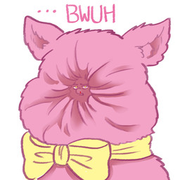 ambiguous_feral ambiguous_gender blood bodily_fluids bow_tie dialogue feral fur looking_at_viewer nosebleed pink_body pink_fur pink_text silly_face simple_background solo squish text what white_background yellow_bow_tie yellow_eyes yellowcottoncandy030 fluffy_pony fluffy_pony_(species) mammal 1:1 2025 comic digital_media_(artwork) english_text hi_res shaded