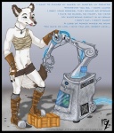 anthro bandage boots bottomless clothed clothing duo female footwear genitals machine poetry pubes pussy robotic_arm shoes tail technophilia text undressing rose_quoll gravewalker_(character) canid canine mammal robot 2005 english_text