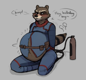 air_inflation anthro belly belly_inflation big_belly blush brown_body brown_fur fur hose hose_inflation inflation male solo sodiux guardians_of_the_galaxy marvel rocket_raccoon mammal procyonid raccoon