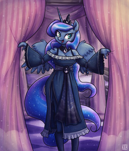 anthro back_wings bare_shoulders bedroom blue_body blue_clothing blue_dress blue_eyes blue_fur blue_hair breasts cleavage clothed clothing crown curtains dress ear_piercing feathered_wings feathers female fetlocks fur hair headgear hoof_hands horn inside long_hair open_mouth open_smile piercing smile solo sparkles sparkling_hair wings king-kakapo friendship_is_magic hasbro my_little_pony mythology princess_luna_(mlp) equid equine mammal mythological_creature mythological_equine winged_unicorn 2018 hi_res portrait three-quarter_portrait