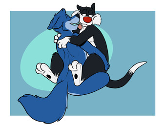 3_toes 4_fingers abstract_background anthro anthro_on_anthro arched_back arm_markings arm_tuft black_body black_fur black_markings black_nose black_tail blue_background blue_body blue_countershading blue_fur blue_tail border cheek_tuft countershade_face countershade_tail countershade_torso countershading dipstick_tail duo elbow_tuft eyebrows facial_tuft fangs feet fingers fluffy fluffy_tail from_front_position fur gloves_(marking) half-closed_eyes hand_on_hip hand_on_shoulder head_tuft interspecies knee_tuft leg_markings leg_tuft licking looking_aside looking_at_another looking_at_partner male male/male markings mastery_position multicolored_body multicolored_fur multicolored_tail narrowed_eyes naughty_face nude open_mouth open_smile pink_tongue rear_view red_nose sex shoulder_tuft simple_background sitting smile socks_(marking) straddling tail tail_markings teeth toes tongue tongue_out toony tuft two_tone_body two_tone_fur two_tone_tail white_body white_border white_countershading white_fur white_tail rotten_robbie looney_tunes warner_brothers robbie_(rotten_robbie) sylvester_(looney_tunes) canid canine canis domestic_cat felid feline felis mammal wolf 2017 digital_media_(artwork) flat_colors