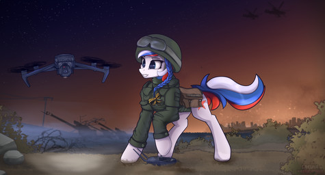 aircraft artillery blue_eyes bottomless braided_hair clothed clothed_feral clothing cutie_mark drone_(vehicle) eyelashes eyewear female female_feral feral fur goggles hair helicopter hooves howitzer landscape machine mane military military_helmet multicolored_mane night outside partially_clothed_female partially_clothed_feral patch_(fabric) plant politics power_line ranged_weapon red_star ribbon_of_saint_george russian russian_federation shrub sky smile soldier solo standing star starry_sky tail text topwear topwear_only unguligrade v_(military_symbol) vehicle warrior weapon white_body white_fur z_(military_symbol) lakunae hasbro my_little_pony russo-ukrainian_war fan_character marussia earth_pony equid equine horse mammal pony 2023 absurd_res artist_name hi_res russian_text translated