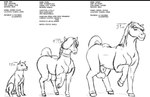 animal_genitalia braided_mane closed_smile crotch_breasts female feral fully_sheathed genitals group male mouth_closed narrowed_eyes quadruped sheath simple_background sitting smile text trio romman08 canid equid equine horse mammal english_text hi_res model_sheet monochrome sketch young_(lore)