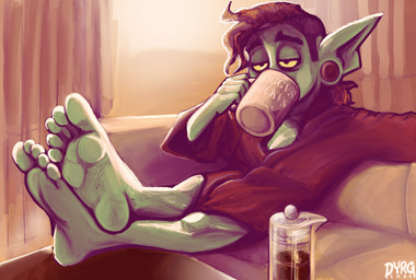 5_fingers 5_toes beverage clothing container cup drinking ear_piercing feet fingers foot_focus furniture green_body green_skin hair holding_container holding_cup holding_mug holding_object humanoid_feet humanoid_pointy_ears male mug not_furry piercing plantigrade pointy_ears robe robe_only sitting sofa soles solo toes lazertooth dyrg goblin humanoid mammal digital_media_(artwork) hi_res