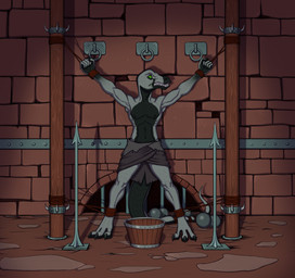 3_toes 5_fingers ankles_tied anthro bdsm bondage bottomwear bound bucket clenched_teeth clothed clothing container dungeon execution feet fingers forced hands_tied male nipples pecs restraints rope rope_bondage solo spread_eagle standing tail teeth toes topless topless_anthro topless_male conquistabear lizard reptile scalie digital_media_(artwork) hi_res