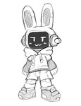 3_fingers >:3 anthro blush blush_lines bottomwear clothing fingers footwear hoodie machine metallic_body not_furry rabbit_ears shoes shorts sneakers solo topwear young young_anthro oob android lagomorph leporid mammal rabbit robot hi_res monochrome