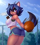 2021 anthro ball basketball_(ball) blue_hair bottomwear brand_new_animal brown_body brown_fur butt butt_pose canid canine clothing dialogue digital_media_(artwork) dolphin_shorts english_text female female_anthro fur hair hi_res lightly-san looking_at_viewer mammal michiru_kagemori netflix open_mouth pose raccoon_dog shaded shorts solo speech_bubble studio_trigger tanuki text