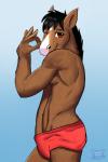 anthro black_hair brown_body brown_eyes brown_fur clothed clothing facial_markings fur gesture hair hand_in_crotch head_markings male markings one_eye_closed red_clothing red_speedo red_swimwear solo speedo swimwear topless wink marrieskunk bojack_horseman netflix bojack_horseman_(character) equid equine horse mammal 2:3 hi_res