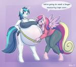 anthro anthrofied belly_blush big_breasts blush body_blush bottomwear breasts cleavage clothed clothing crossgender duo female hooves horn huge_breasts hyper hyper_pregnancy pregnant shorts tape_measure text wings forfun41 friendship_is_magic hasbro my_little_pony mythology princess_cadance_(mlp) shining_armor_(mlp) equid equine horse mammal mythological_creature mythological_equine pegasus pony unicorn absurd_res english_text hi_res