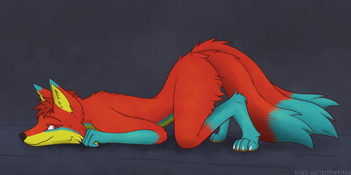 all_fours anthro ass_up biped black_nose blue_hands blue_markings blue_tail_tip claws dipstick_tail fur hair inner_ear_fluff looking_back male markings multi_tail multicolored_body multicolored_fur pawpads pink_eyes pupils red_body red_hair red_tail slit_pupils solo tail tail_markings tuft white_claws yellow_body yellow_inner_ear_fluff yellow_pawpads red_the_kitsune red_(red_the_kitsune) canid canine fox mammal 2026 digital_media_(artwork) full-length_portrait hi_res portrait shaded watermark