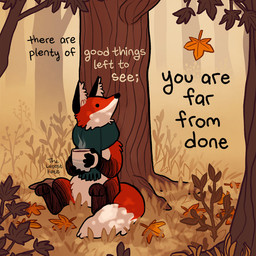 ambiguous_gender anthro blue_scarf coffee_cup container cup detailed_background forest fur holding_container holding_cup holding_object orange_body orange_fur plant quadruped scarf solo text tree white_body white_fur the_latest_kate canid canine fox mammal 1:1 2024 english_text