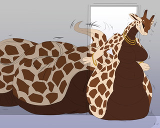 anthro apode belly big_belly bracelet breasts doorway eyes_closed featureless_breasts female huge_belly jewelry legless long_neck navel neck_ring scales serpentine solo split_form struggling stuck stuck_in_door tail teeth thick_tail ventral_scales wide_hips bellarosa draconcopode giraffe giraffid hybrid lamia mammal reptile scalie snake 5:4 digital_media_(artwork)