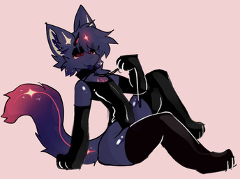 anthro armwear bedroom_eyes black_collar black_eyelids black_horn blep clothing collar fur highlights_(coloring) holding_own_leash horn latex latex_armwear latex_clothing latex_legwear latex_skinsuit latex_thigh_highs leash leash_pull legwear looking_back male markings narrowed_eyes pink_tail purple_body purple_fur purple_tail red_eyes seductive simple_background sitting skinsuit small_horn solo star_(marking) tail tan_inner_ear thigh_highs tight_clothing tongue tongue_out two_tone_tail skipper_katt skipper_pupp domestic_cat felid feline felis mammal hi_res
