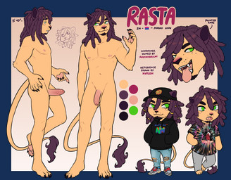 anthro clothed clothing dreadlocks erection flaccid foreskin genitals humanoid_genitalia humanoid_penis male nude penis solo text tongue tongue_out kyrosh rasta_(rastafaricat) felid lion mammal pantherine alpha_channel english_text hi_res model_sheet
