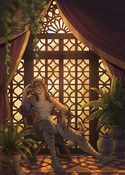 anthro arm_support chair curtains curtains_open dark_hair detailed_background dreadlocks flaccid fur furniture genitals grey_body grey_fur inside jewelry leaning_on_elbow male nude nude_anthro nude_male on_chair penis pink_nose plant red_eyes relaxing sitting sitting_on_chair smile smiling_at_viewer smirk smirking_at_viewer smug solo striped_body stripes tasteful_nudity warm_lighting conditional_dnp roughjaki microsoft the_elder_scrolls bulako_(dwayyo) felid khajiit mammal absurd_res digital_media_(artwork) hi_res warm_colors
