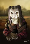 amber_eyes anthro black_body black_fur black_hair clothed clothing female fur grey_body grey_fur hair solo whiskers white_body white_fur jazzycat leonardo_da_vinci_(artist) mona_lisa_(artwork) lagomorph leporid mammal rabbit 2010 inspired_by_formal_art